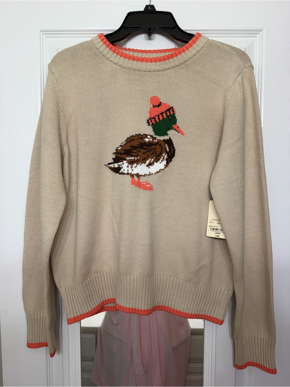 St John’s Bay Beige Duck Motif Crewneck Sweater with Coral Trim NWT